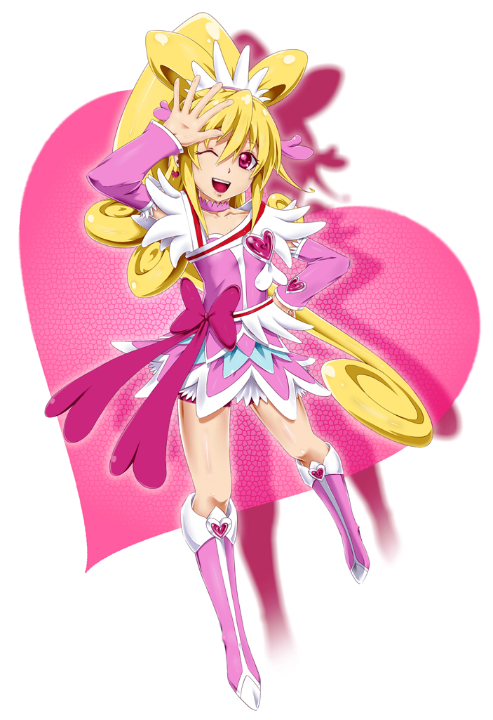 1girl, ;d, aida_mana, arm_up, arm_warmers, bike_shorts, bike_shorts_under_skirt, blonde_hair, boots, bow, brooch, choker, cure_heart, curly_hair, dokidoki!_precure, female_focus, full_body, grid_background, half_updo, hand_on_own_hip, heart, heart_brooch, high_ponytail, jewelry, kenbi_(hi_himmy), knee_boots, long_hair, magical_girl, mosaic_background, name_connection, object_namesake, one_eye_closed, open_mouth, pink_arm_warmers, pink_background, pink_boots, pink_bow, pink_eyes, ponytail, precure, ribbon, shorts, shorts_under_skirt, skirt, smile, solo, wink