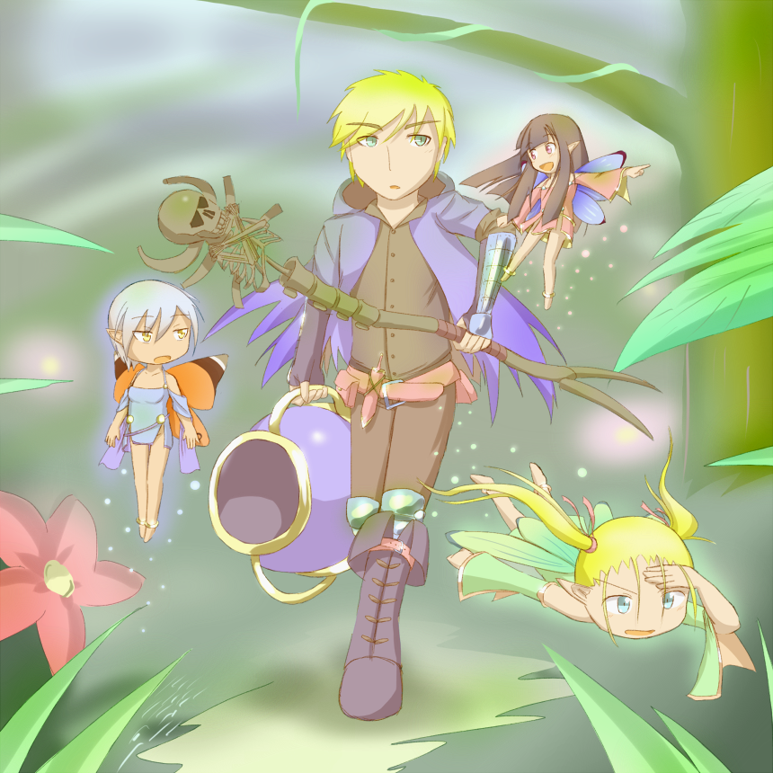 1boy, 3girls, belt, black_hair, blonde_hair, blue_homunculus, boots, fairy, flower, flying, gauntlets, green_eyes, hazakurou, insect_wings, jacket, jar, long_hair, multiple_girls, no_nose, protagonist_(wizmans_world), purple_eyes, red_homunculus, short_hair, silver_hair, skull, sparkle, staff, tree, twintails, wings, wizmans_world, yellow_eyes, yellow_homunculus