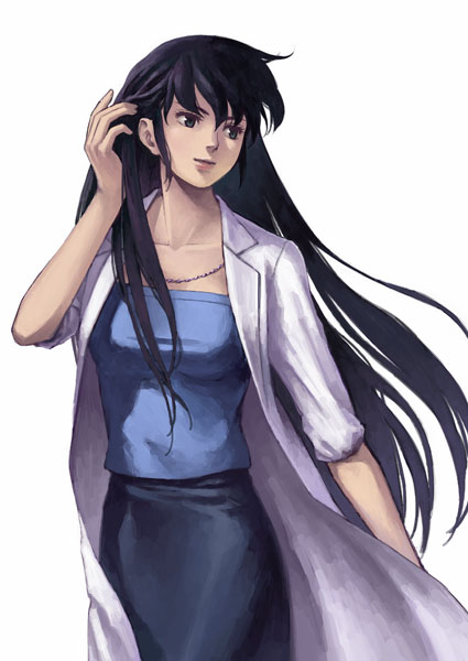 1girl, black_eyes, black_hair, breasts, jewelry, lab_coat, long_hair, necklace
