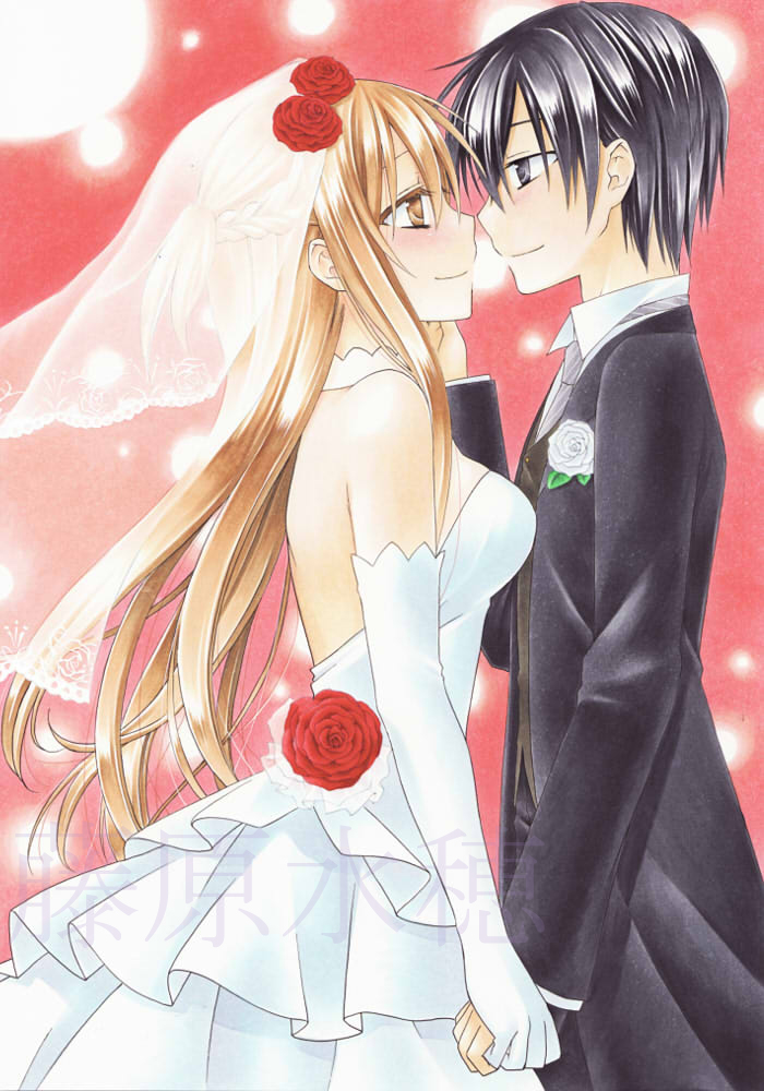 10s, 1boy, 1girl, asuna_(sao), bad_id, bad_pixiv_id, black_eyes, black_hair