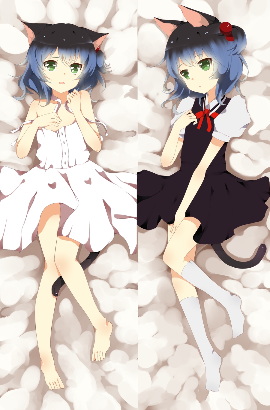 1boy, animal_ears, barefoot, black_hair, blue_hair, cat_ears, cat_tail, crossdressing