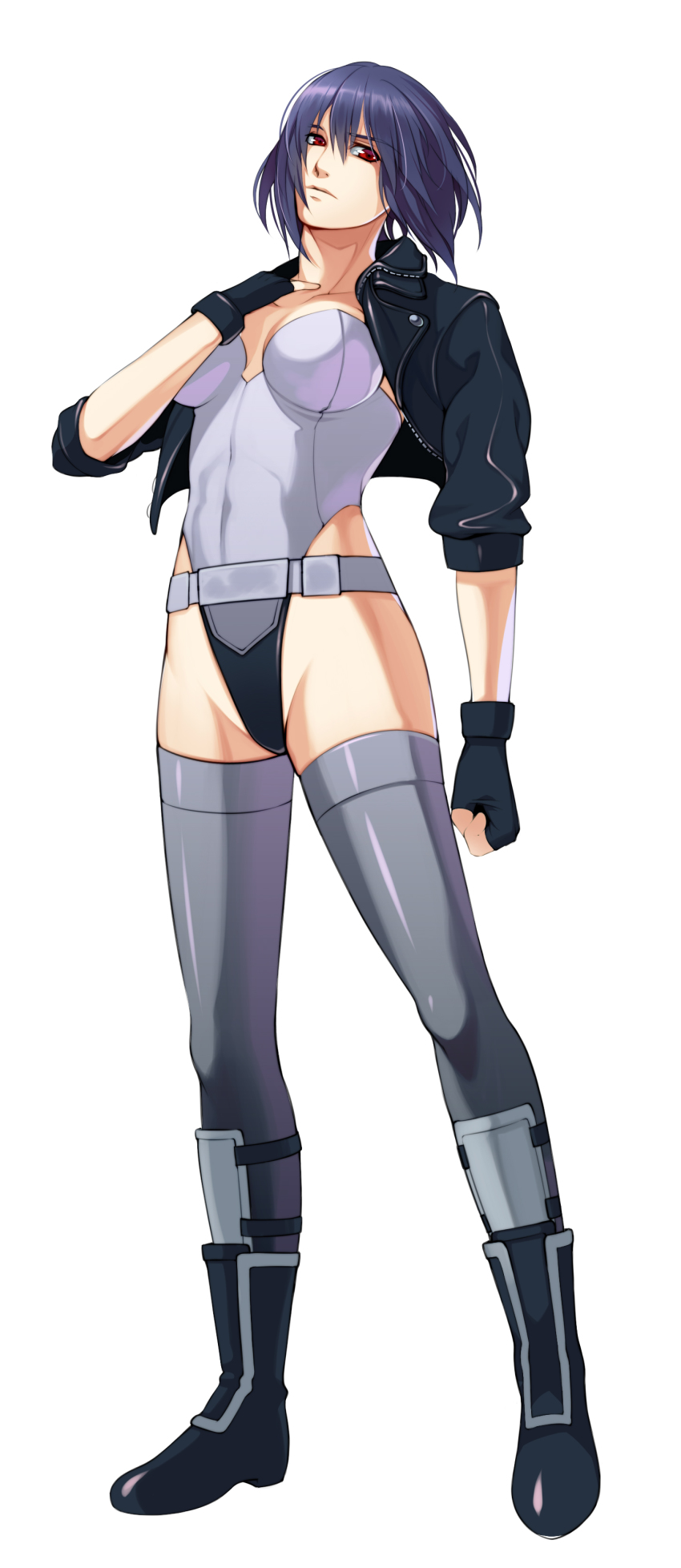 1girl, absurdres, boots, breasts, cleavage, cropped_jacket, female_focus, fingerless_gloves, ghost_in_the_shell, gloves, highres, jacket, kusanagi_motoko, leather, leather_jacket, leotard, purple_hair, ra-ya_hinata, red_eyes, short_hair, solo, thighhighs
