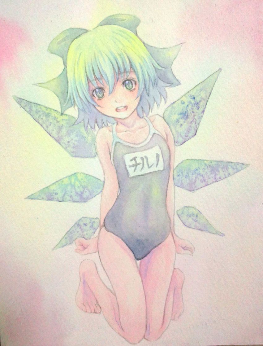 1girl, :d, acrylic_paint_(medium), barefoot, blue_eyes, blue_hair, bow, cirno