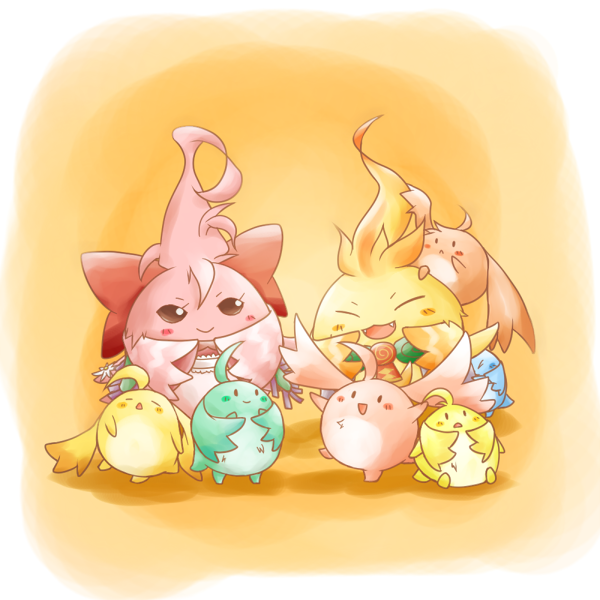 blush_stickers, bow, closed_eyes, family, fangs, hair_bow, hair_ornament, kinakomochi_(kazuna922)