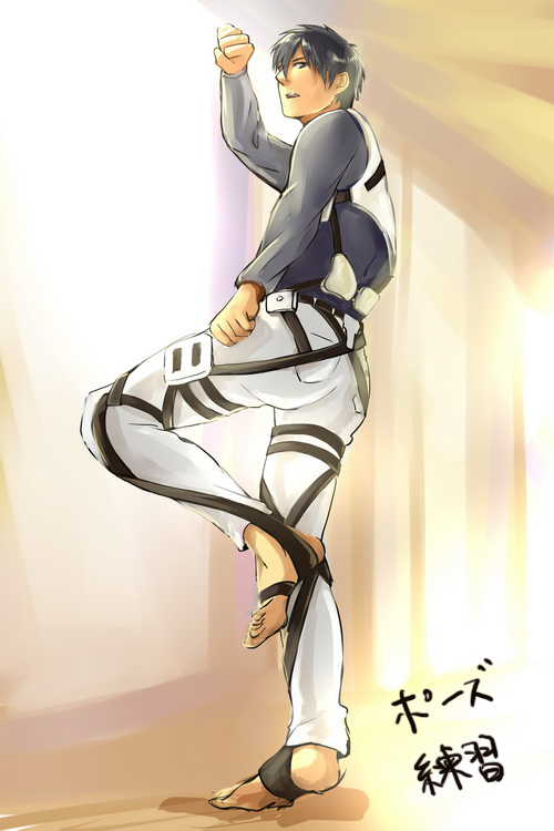 1boy, barefoot, belt, bertolt_hoover, black_hair, fighting_stance, male_focus, sakielcy