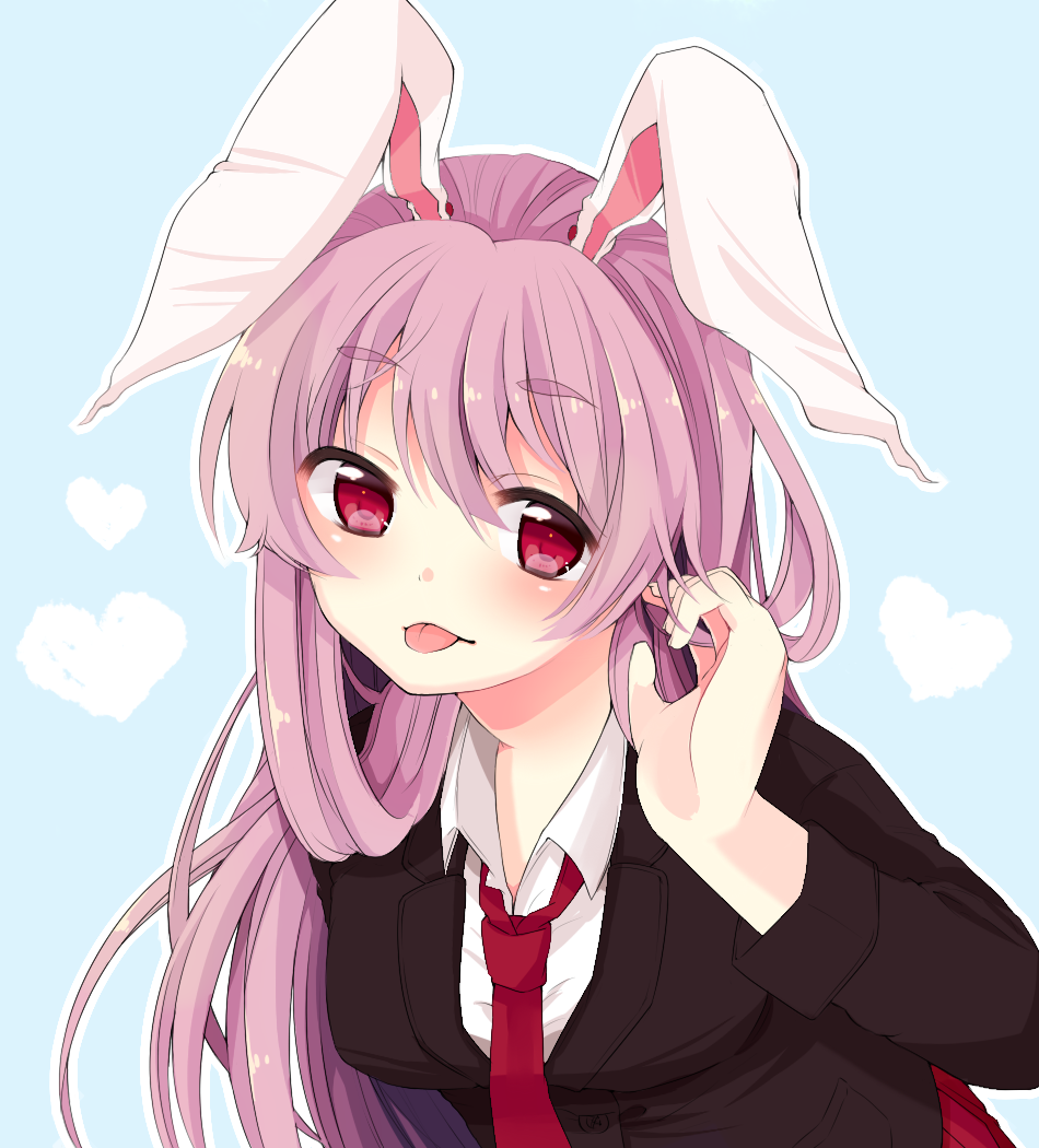 1girl, animal_ears, blue_background, female_focus, hand_in_own_hair, heart, jacket, long_hair