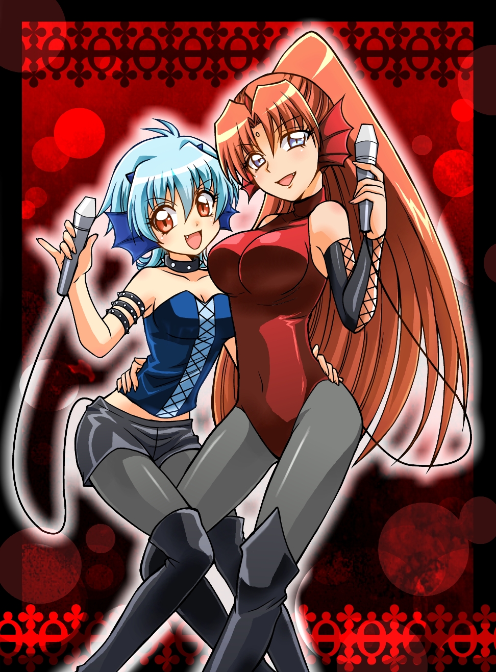 00s, 2girls, black_beauty_sisters, blue_eyes, blue_hair, boots, fang, fins