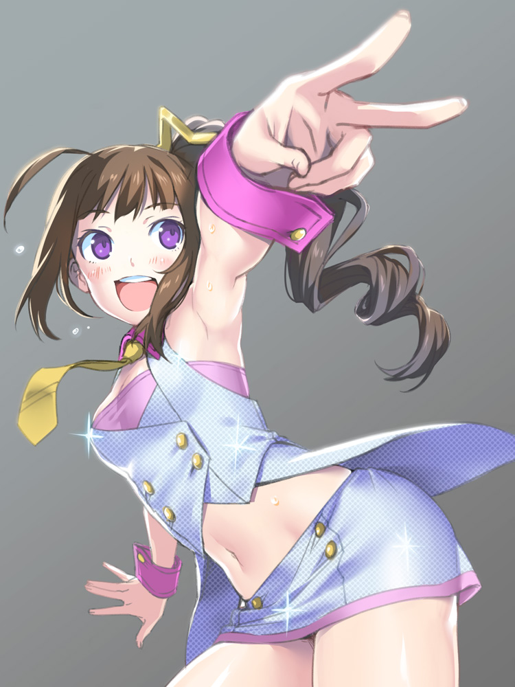 10s, 1girl, :d, ahoge, armpits, blush, brown_hair, cowboy_shot