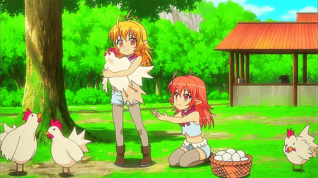 2girls, animated, animated_gif, basket, bird, blonde_hair, chicken, egg, farm, grass, metal_(zettai_bouei_leviathan), multiple_girls, orange_eyes, outdoors, pointy_ears, red_eyes, red_hair, rudra_(zettai_bouei_leviathan), screencap, tree, zettai_bouei_leviathan