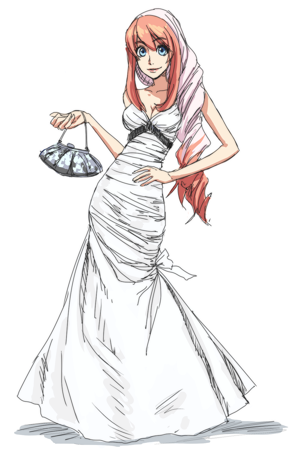 00s, 1girl, bag, bare_shoulders, birdy_cephon_altera, blue_eyes, breasts, cleavage, drawfag, dress, female_focus, formal_clothes, gown, hand_on_own_hip, handbag, highres, lips, long_hair, mermaid_line_gown, multicolored_hair, pink_hair, sidelocks, smile, solo, tetsuwan_birdy, tetsuwan_birdy_decode, two-tone_hair, white_dress, white_hair
