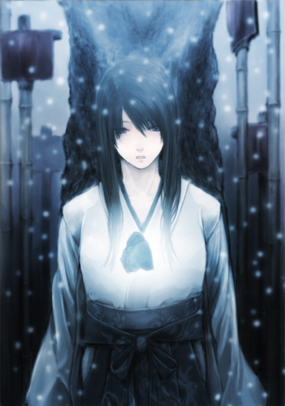 1girl, black_hair, breasts, fatal_frame, fatal_frame_iii:_the_tormented, female_focus, gauss_<bokashi, gauss_<counting_on_more_blur, hakama, hakama_skirt, japanese_clothes, kimono, long_hair, open_mouth, skirt, snow, snowing, solo, tree, yukishiro_reika