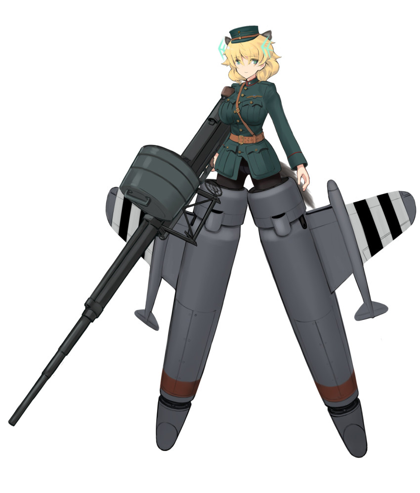 1girl, animal_ears, black_pantyhose, blonde_hair, breasts, catalina_blotman, crotch_seam, female_focus, green_eyes, hat, highres, hirschgeweih_antennas, kuuro_kuro, large_breasts, military, military_uniform, original, panties, panties_under_pantyhose, pantyhose, smile, solo, squirrel_ears, squirrel_tail, strike_witches, striker_unit, tail, underwear, white_background, world_witches_series