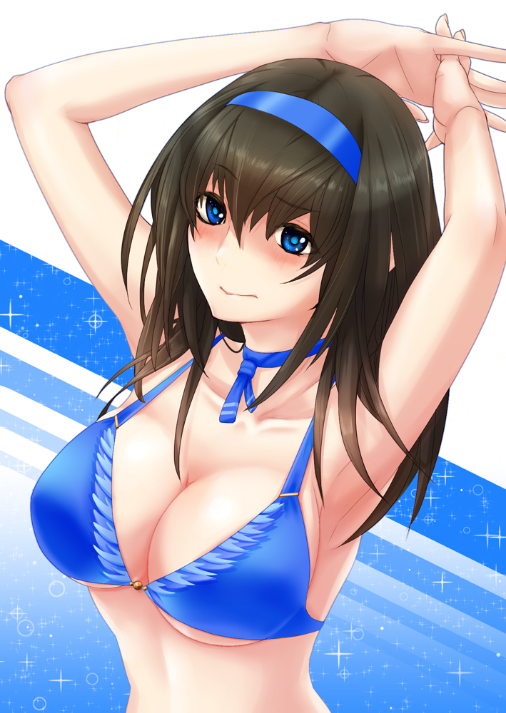 10s, 1girl, armpits, arms_up, bikini, blue_bikini, blue_eyes, blush, breasts, brown_hair, cleavage, collarbone, female_focus, hairband, ichiban_renga, idolmaster, idolmaster_cinderella_girls, large_breasts, long_hair, sagisawa_fumika, solo, swimsuit