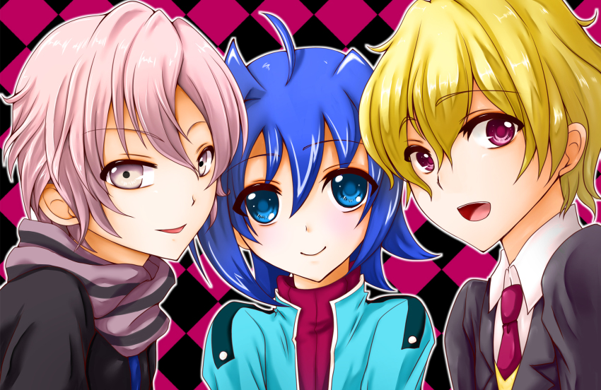 10s, 3boys, ahoge, blonde_hair, blue_eyes, blue_hair, cardfight!!_vanguard, crossover