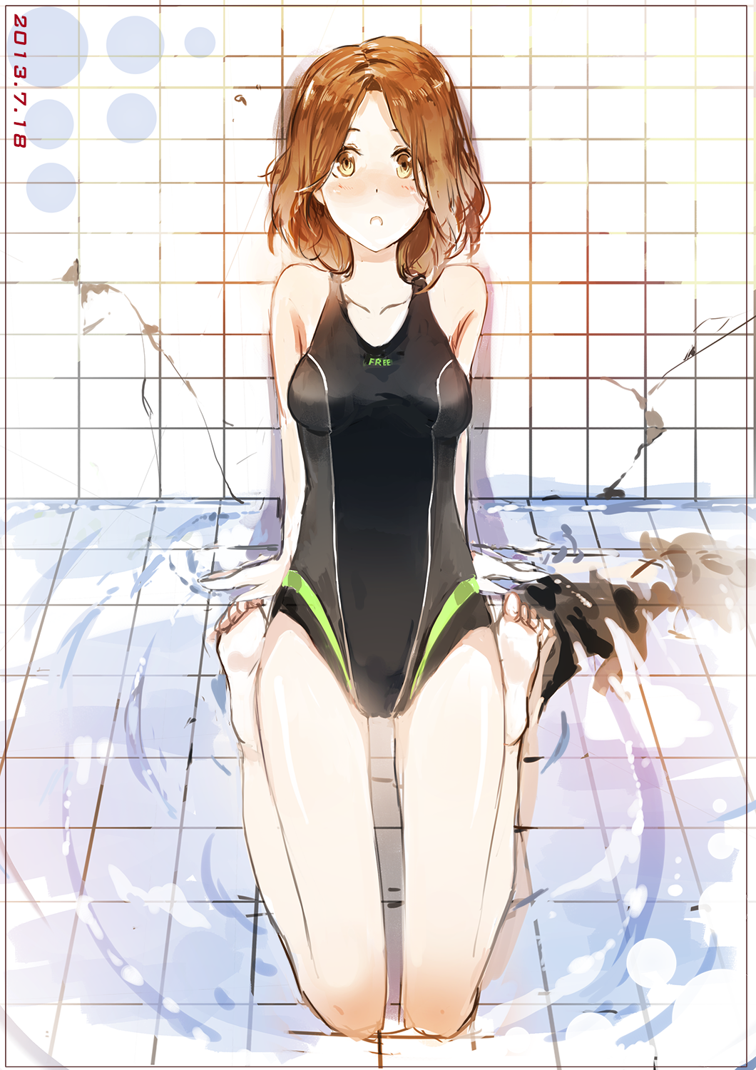 10s, 1girl, :o, amakata_miho, arm_support, brown_eyes, brown_hair, competition_swimsuit
