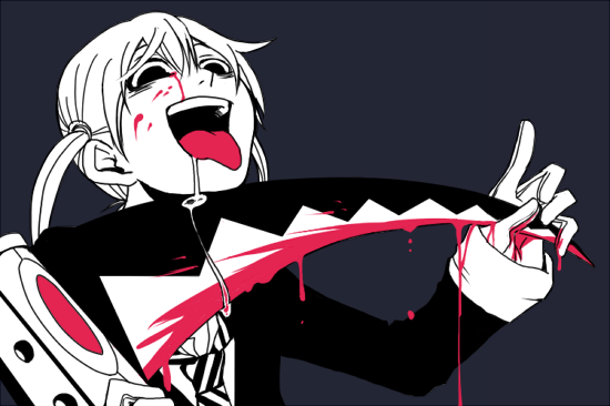 00s, 1girl, bad_id, bad_pixiv_id, blood, crazy_eyes, crazy_smile, female_focus