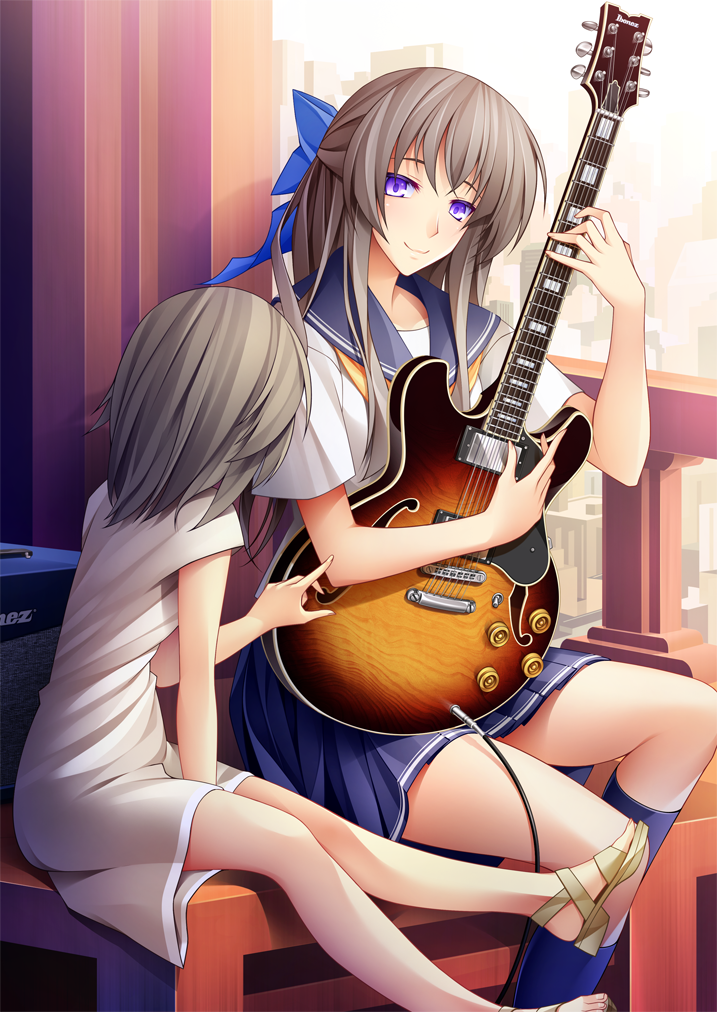 2girls, 440_(straight440), bow, brown_hair, cable, dress, electric_guitar, gibson_es-335