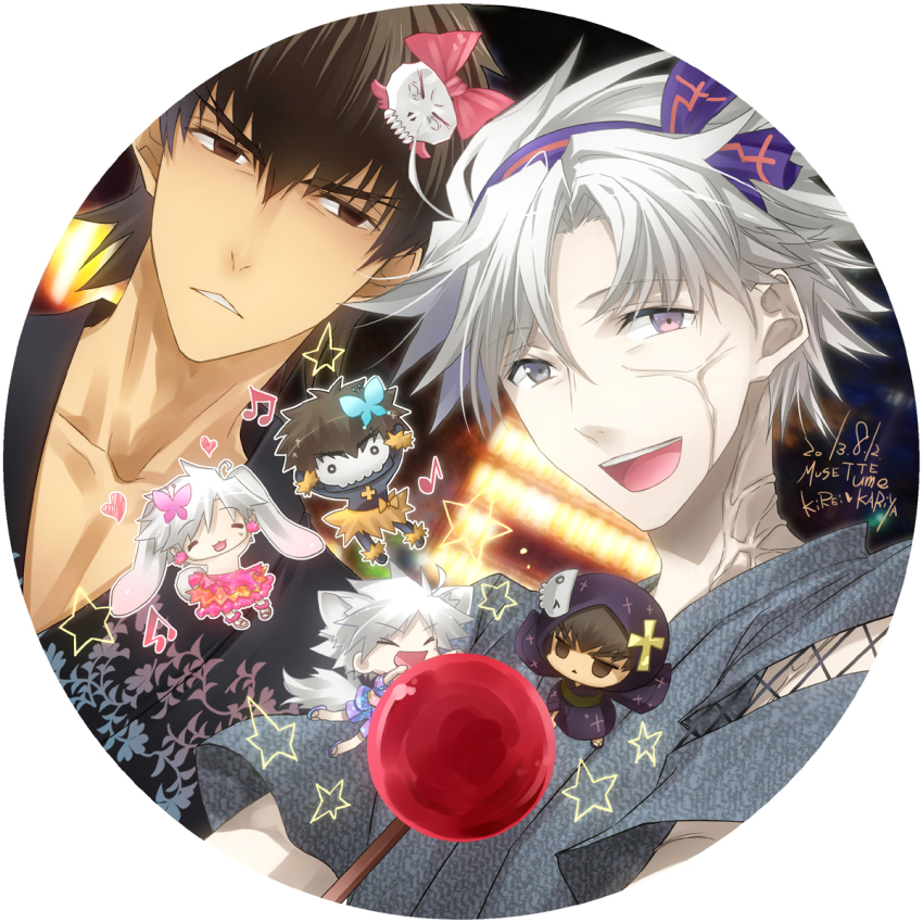 2boys, animal_ears, assassin_(fate/zero), assassin_(fate/zero)_(cosplay), brown_eyes, brown_hair, candy_apple, chibi