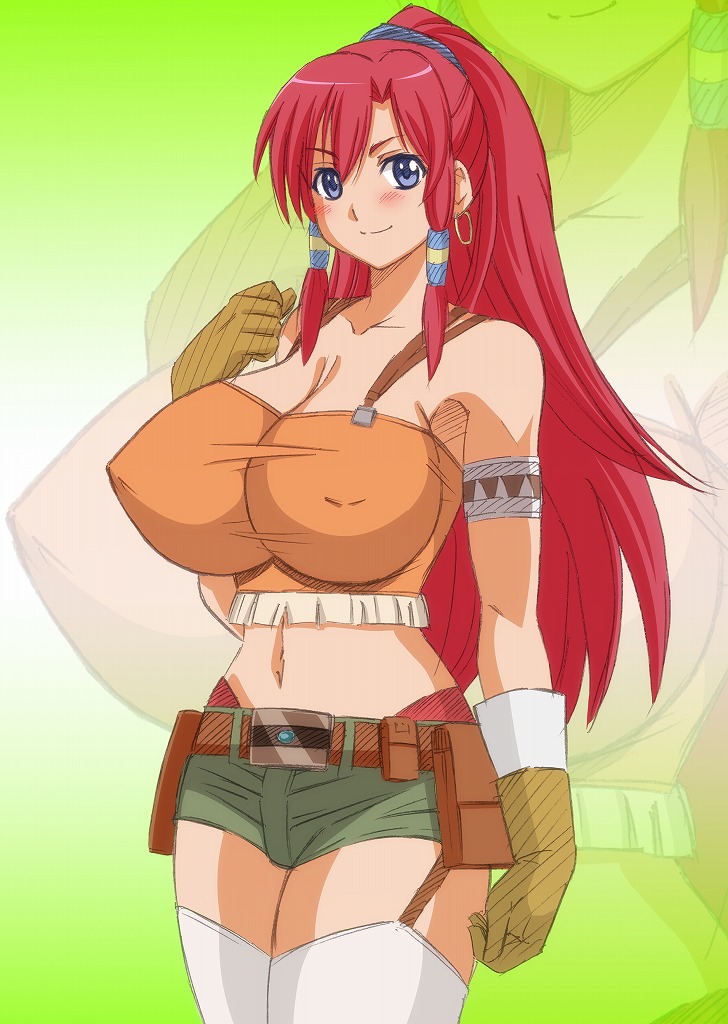 10s, 1girl, bellows_(suisei_no_gargantia), belt, blue_eyes, blush, breasts, cleavage, covered_erect_nipples, earrings, firewarstorm, huge_breasts, jewelry, large_breasts, long_hair, no_bra, red_hair, short_shorts, shorts, sidelocks, smile, suisei_no_gargantia, tan, thighhighs, thighs, white_thighhighs, zoom_layer