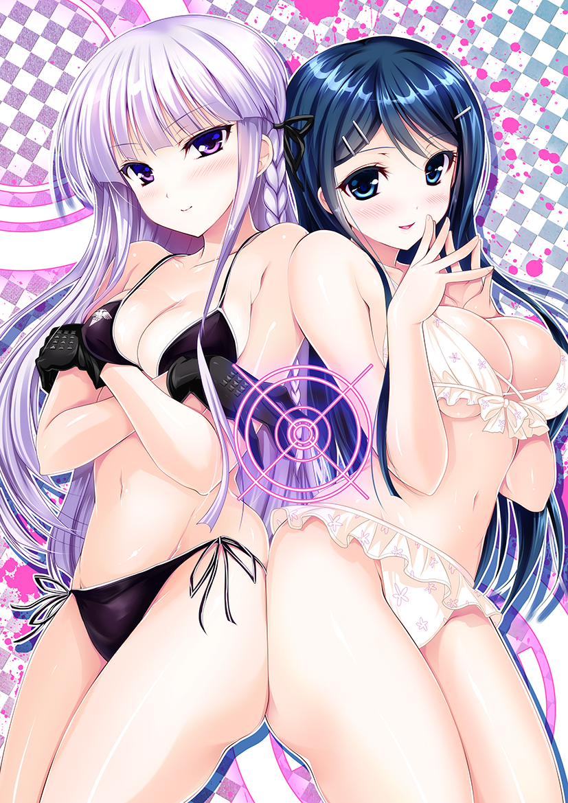 10s, 2girls, arms_under_breasts, ass-to-ass, back-to-back, bare_shoulders, bikini, bikini_skirt, black_bikini, black_gloves, black_vs_white, blue_eyes, blue_hair, blunt_bangs, blush, braid, breast_lift, breasts, breasts_squeezed_together, checkered_background, cleavage, closed_mouth, collarbone, cowboy_shot, crossed_arms, crosshair, danganronpa:_trigger_happy_havoc, danganronpa_(series), drop_shadow, female_focus, fingernails, fingers_together, floral_print, frilled_bikini, frills, front-tie_bikini_top, front-tie_top, gloves, groin, hair_between_eyes, hair_ornament, hairclip, hip_focus, kirigiri_kyoko, large_breasts, long_hair, long_image, looking_at_viewer, lowleg, lowleg_bikini, maizono_sayaka, medium_breasts, multiple_girls, navel, ninoko, open_mouth, own_hands_together, print_bikini, purple_eyes, purple_hair, shadow, shiny_skin, side-tie_bikini_bottom, side_braid, sidelocks, single_braid, smile, spiked_gloves, string_bikini, swimsuit, tall_image, thighs, underboob, white_background, white_bikini