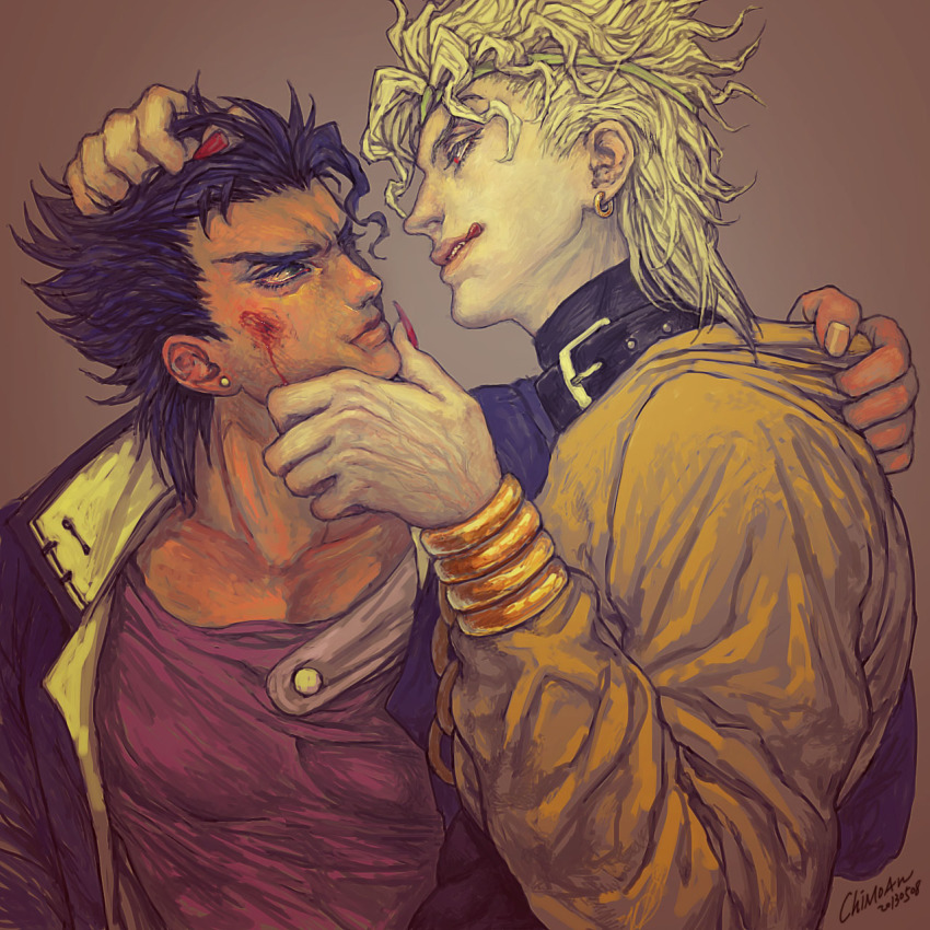 2boys, black_hair, blonde_hair, blood, bracer, chain, curly_hair, dio_brando