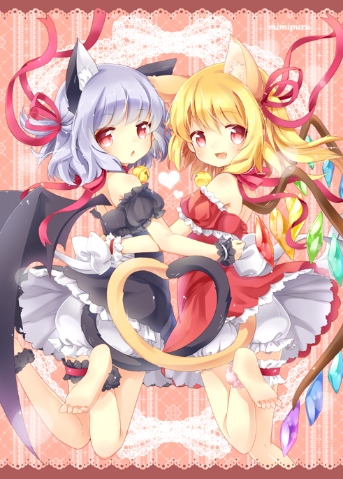 2girls, :d, :o, animal_ears, barefoot, bell, blonde_hair, bloomers
