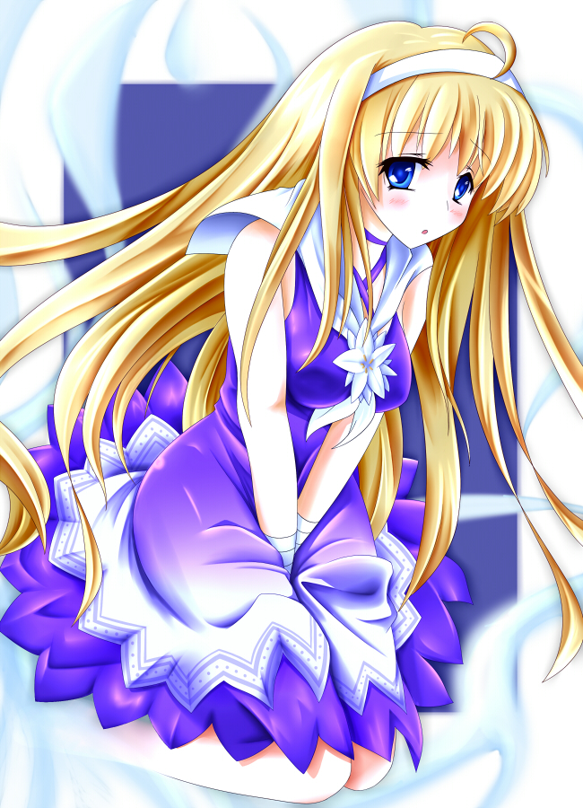 1girl, :o, ahoge, bare_shoulders, blonde_hair, blue_eyes, blush, collar