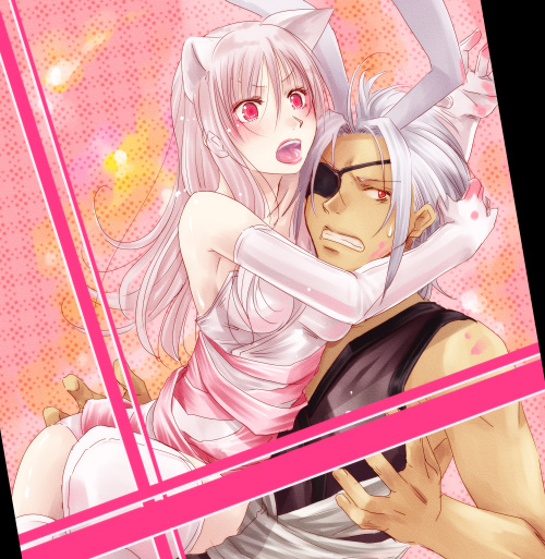1boy, 1girl, albino, animal_ears, axe_assa, blush, rabbit_ears, cat_ears
