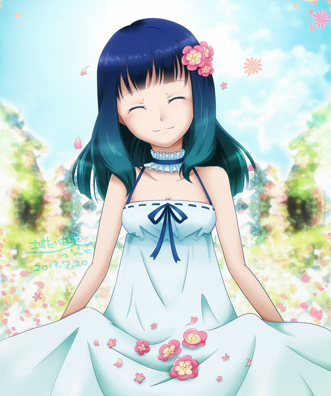 1girl, ^_^, blue_hair, closed_eyes, dress, female_focus, flower, hair_flower, hair_ornament, long_hair, reiran, smile, solo