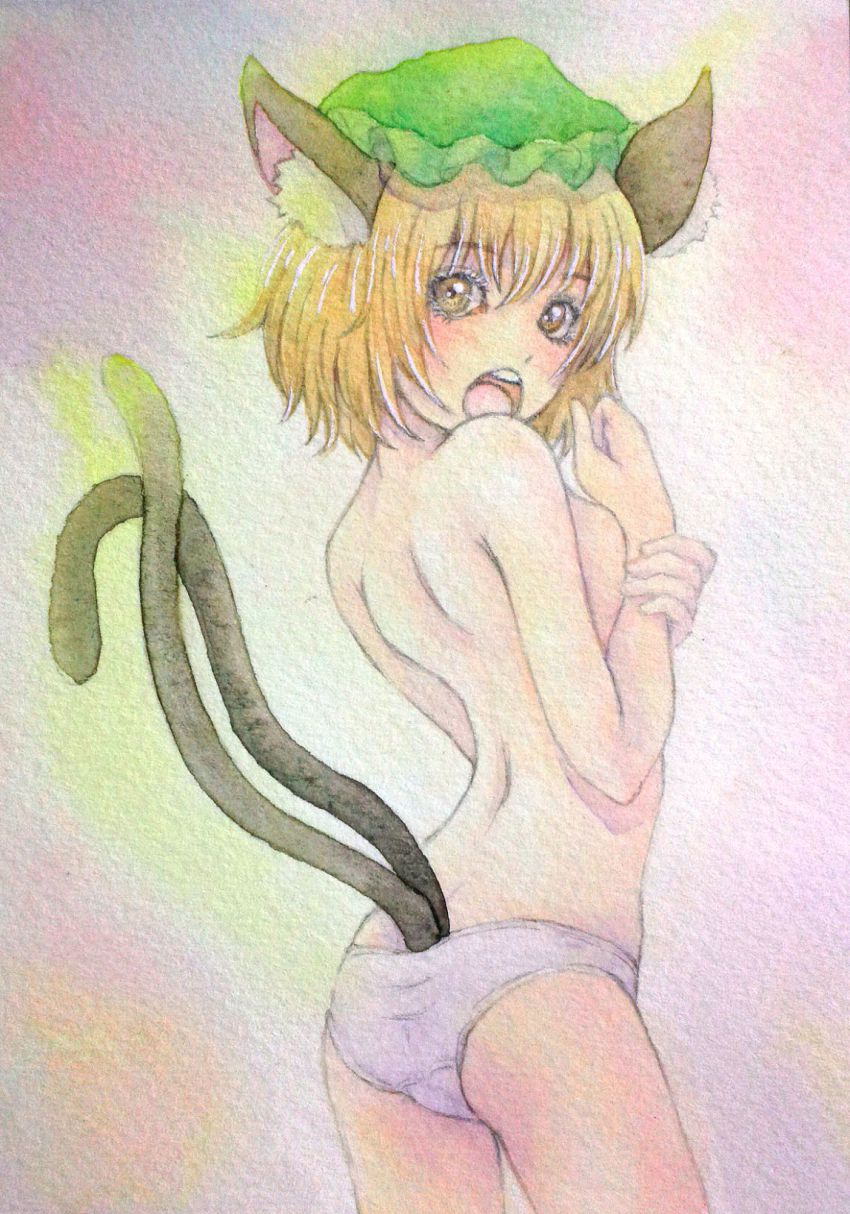 1girl, animal_ears, blush, brown_eyes, brown_hair, cat_ears, cat_tail, chen, covering_breasts, covering_privates, eyelashes, female_focus, hat, highres, multiple_tails, nekomata, open_mouth, painting_(medium), panties, purple_panties, solo, tail, topless_female, touhou, traditional_media, two_tails, underwear, underwear_only, watercolor_(medium), white_panties, yellow_eyes, yuyu_(00365676)