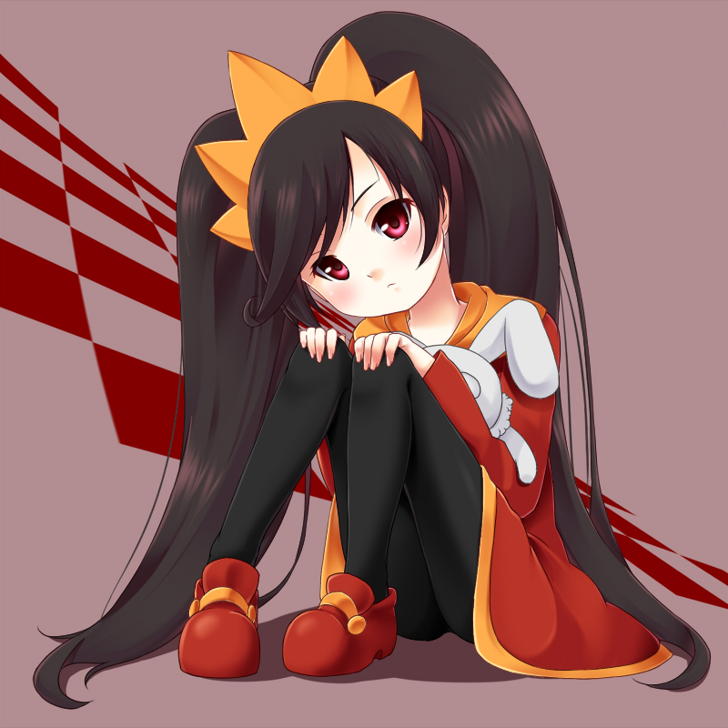 1girl, ashley_(warioware), bad_id, bad_pixiv_id, black_hair, dress, female_focus, hands_on_own_knees, hikataso, long_hair, looking_at_viewer, mario_(series), nintendo, pantyhose, red_eyes, shadow, sitting, solo, stuffed_animal, stuffed_toy, twintails, warioware