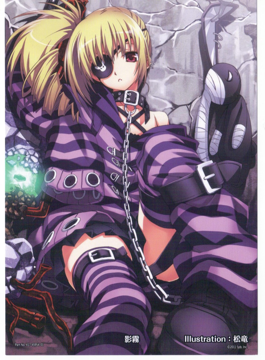 1girl, 5pb., :<, against_wall, bandages, bare_shoulders, blonde_hair, chain, collar, concrete, drill_hair, earrings, eyepatch, female_focus, flat_chest, highres, jewelry, leash, long_hair, m_(phantom_breaker), matsuryuu, official_art, oversized_clothes, parted_lips, phantom_breaker, pleated_skirt, red_eyes, side_ponytail, sitting, skirt, solo, striped_clothes, striped_thighhighs, stuffed_toy, sweater, thighhighs