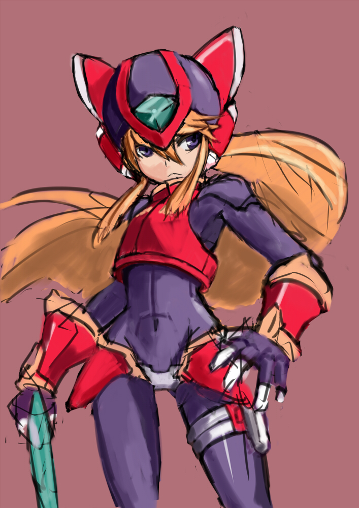 1girl, blonde_hair, blue_eyes, capcom, cosplay, covered_navel, energy_sword, female_focus, genderswap, genderswap_(mtf), helmet, long_hair, mega_man_(series), mega_man_zero_(series), ponytail, rokko-chan, rokko-chan_(character), rokkochan, rokkochan_(game), solo, sowel_(sk3), sword, very_long_hair, weapon, zero(z)_(mega_man), zero_(mega_man), zero_(mega_man)_(cosplay)
