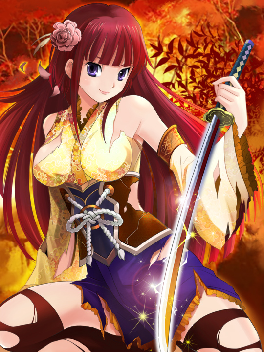 1girl, bare_shoulders, detached_sleeves, female_focus, glint, hanesaka_rio, kamewari_(weapon_girls), long_hair, original, purple_eyes, red_hair, solo, sword, thighhighs, torn_clothes, weapon, weapon_girls