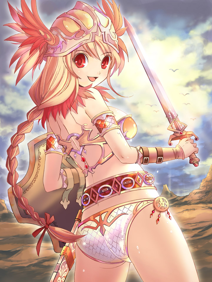 1girl, armor, ass, bikini_armor, blonde_hair, braid, hanesaka_rio, helmet, jewelry, kjartan's_sword_(weapon_girls), laxdæla_saga, long_hair, looking_at_viewer, looking_back, lots_of_jewelry, open_mouth, original, red_eyes, smile, sword, weapon, weapon_girls