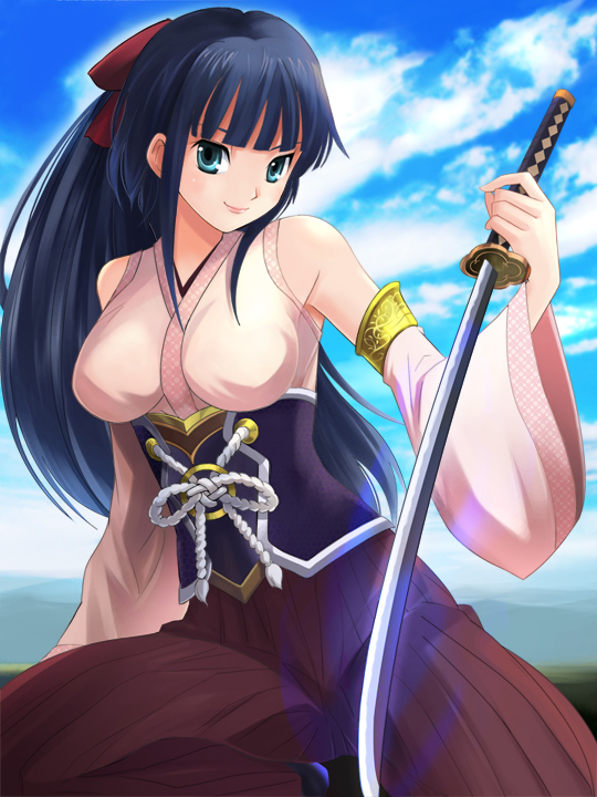 1girl, bare_shoulders, black_hair, blue_eyes, copyright_request, detached_sleeves, female_focus, hanesaka_rio