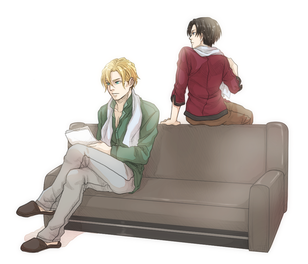 2boys, akatsubak1, black_hair, blonde_hair, blue_eyes, casual, couch, erwin_smith