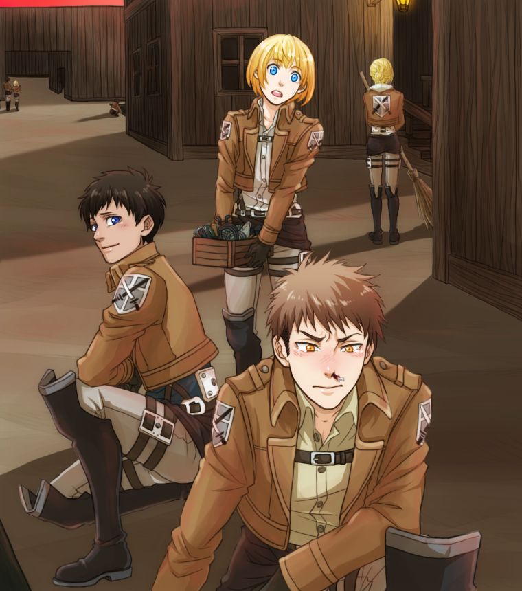 3boys, 4girls, akatsubak1, annie_leonhart, armin_arlert, black_hair, blonde_hair, blood, blue_eyes, boots, broom, brown_hair, eren_yeager, jacket, jean_kirstein, multiple_boys, multiple_girls, nosebleed, shingeki_no_kyojin