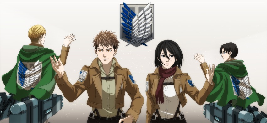 1girl, 3boys, akatsubak1, belt, black_eyes, black_hair, blonde_hair, blue_eyes