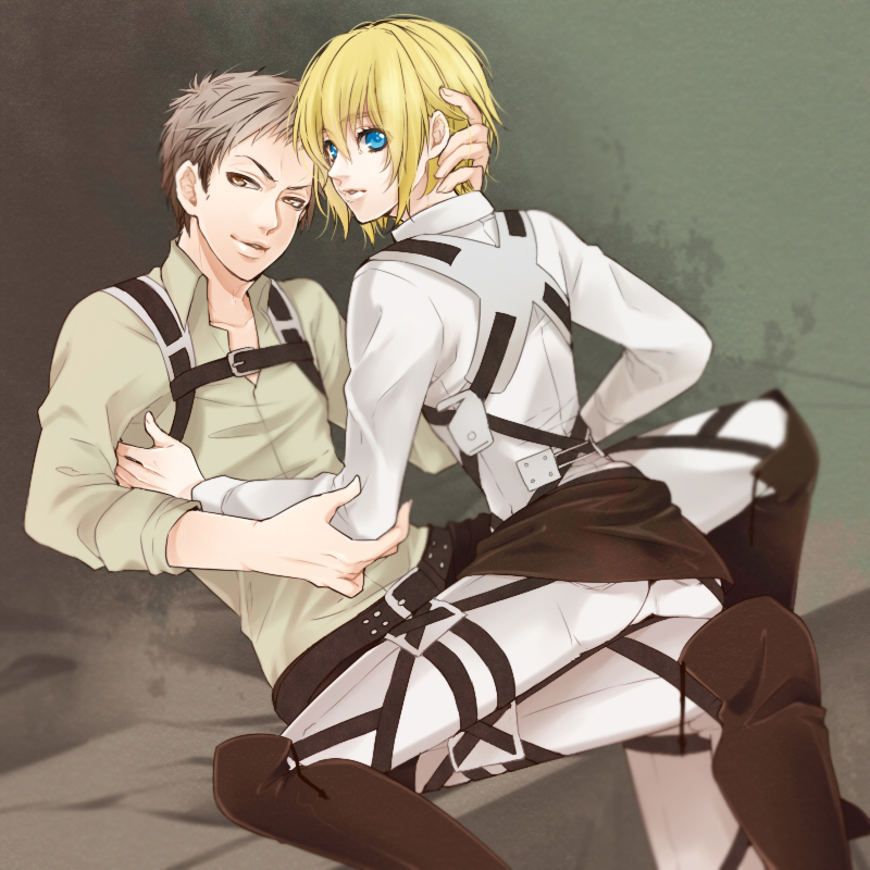 2boys, armin_arlert, belt, blonde_hair, blue_eyes, boots, brown_eyes, brown_hair, chaka0w0, jean_kirstein, jojo_no_kimyou_na_bouken, multiple_boys, one_eye_closed, shingeki_no_kyojin, thigh_strap, three-dimensional_maneuver_gear, trap, wink