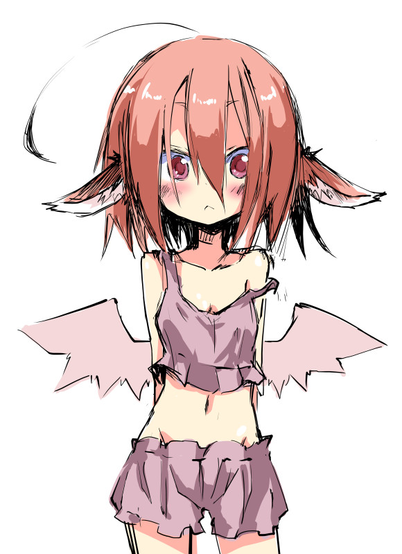 1girl, :<, ahoge, animal_ears, arms_behind_back, bare_shoulders, bloomers, blush