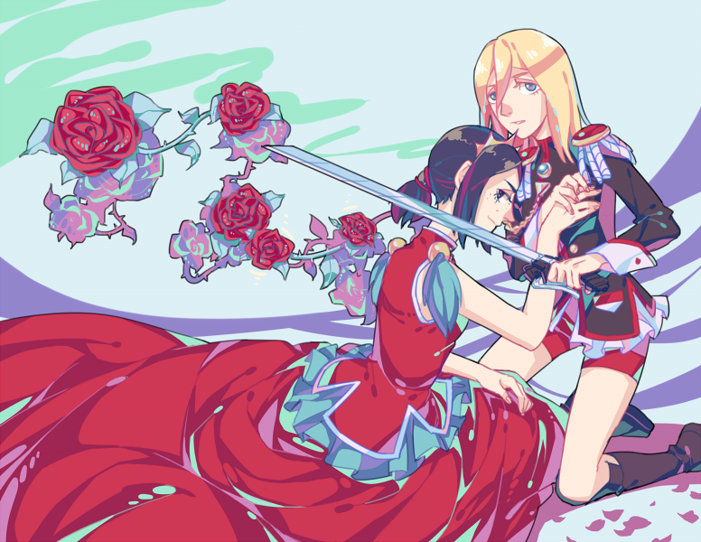 2girls, 6hours_(fancycars), aiguillette, blade, boots, krista_lenz, cosplay, dress, flower, holding_hands, himemiya_anthy, himemiya_anthy_(cosplay), kneeling, long_dress, multiple_girls, ponytail, rose, shingeki_no_kyojin, shoujo_kakumei_utena, sleeveless, sword, tenjou_utena, tenjou_utena_(cosplay), weapon, ymir_(shingeki_no_kyojin)