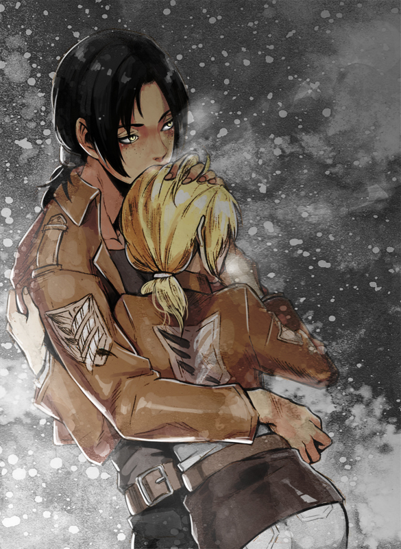 2girls, ass, backlighting, belt, black_hair, blonde_hair, breath, freckles