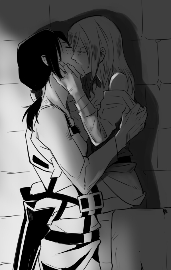 2girls, between_legs, krista_lenz, couple, dark, closed_eyes, greyscale, hand_on_another's_face