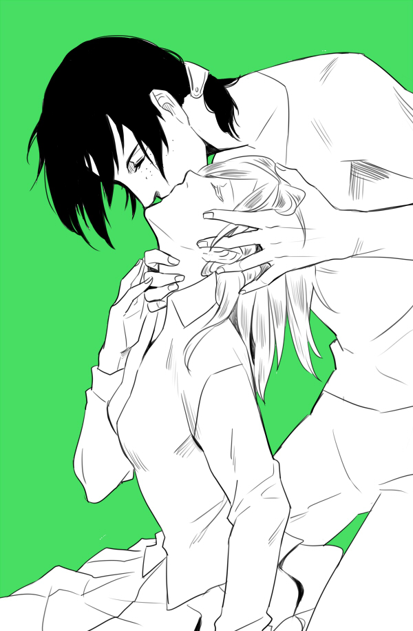 2girls, krista_lenz, couple, green_background, hand_on_another's_head, holding, kiss, monochrome