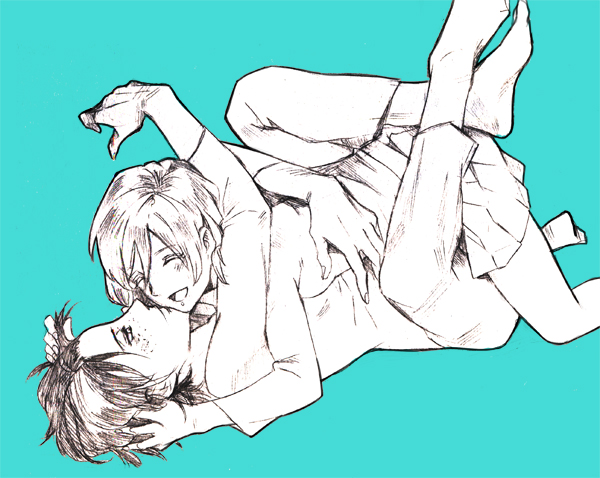 2girls, blue_background, grabbing_another's_hair, happy, holding, holding_another's_hair, krista_lenz, laughing