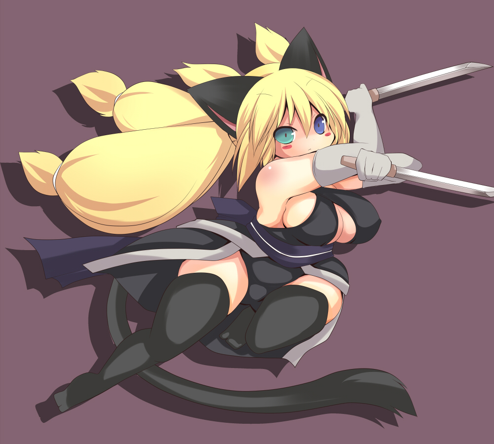 1girl, animal_ears, bare_shoulders, black_thighhighs, blonde_hair, blue_eyes, breasts, cat_ears