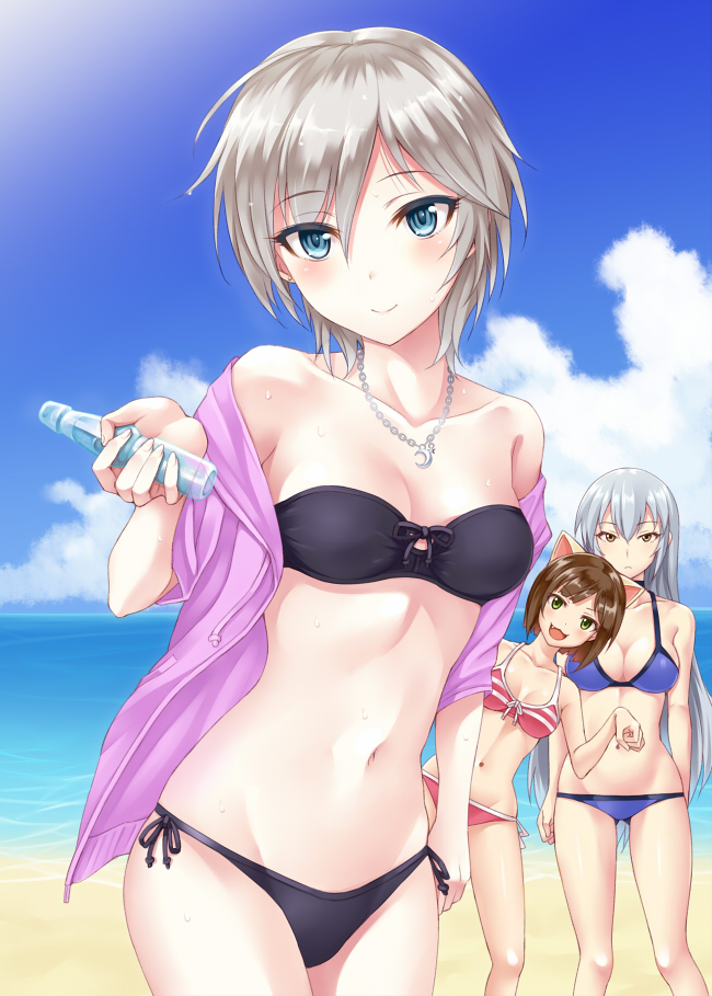 10s, 3girls, :3, :d, anastasia_(idolmaster), animal_ears, bandeau, beach, bikini, black_bikini, blue_bikini, blue_eyes, blush, bob_cut, breasts, brown_hair, cat_ears, cleavage, collarbone, day, fang, front-tie_top, green_eyes, hood, hoodie, idolmaster, idolmaster_cinderella_girls, jacket, jewelry, kisugi_akira, long_hair, looking_at_viewer, maekawa_miku, medium_breasts, multiple_girls, navel, necklace, off_shoulder, open_clothes, open_hoodie, open_mouth, paw_pose, ramune, red_bikini, short_hair, side-tie_bikini_bottom, silver_hair, smile, sweat, swimsuit, takamine_noa, yellow_eyes