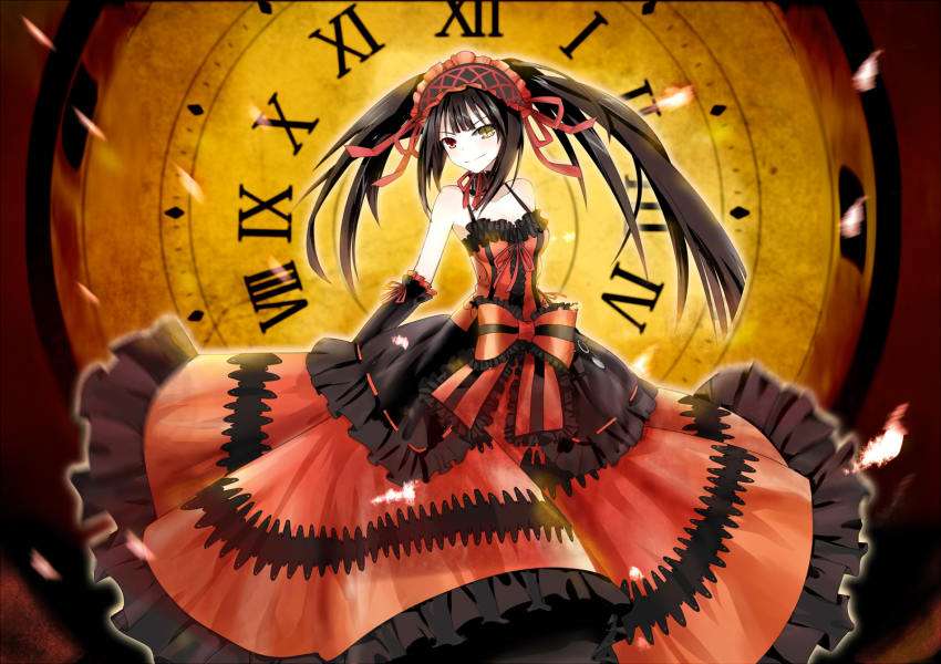 10s, 1girl, bare_shoulders, black_hair, breasts, cleavage, clock, clock_eyes