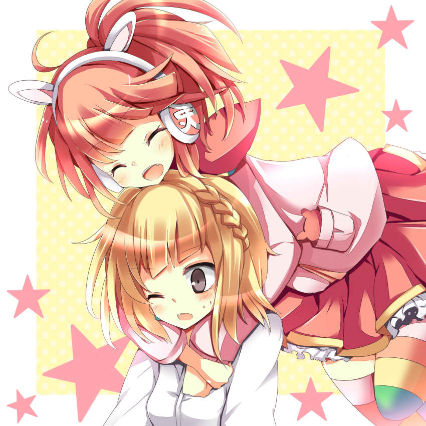 2girls, animal_ear_headphones, bemani, black_eyes, blonde_hair, blush, bunny_headphones, closed_eyes